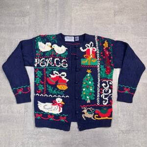 Vtg Signatures by Northern Isles Knitted by Hand Button Up Xmas Sweater WMSN M